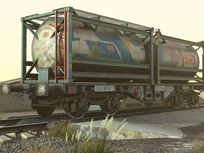 Vintage Railway Tank Car With Colorful Graffiti On Railway Track And Grass 3d model