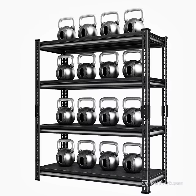 Black Metal Multi Tiered Shelving Unit With Silver Kettlebells On Each Tier 3d model 