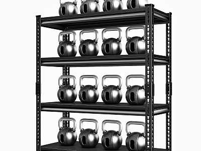 Black Metal Multi Tiered Shelving Unit With Silver Kettlebells On Each Tier 3d model