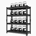 Black Metal Multi Tiered Shelving Unit With Silver Kettlebells On Each Tier