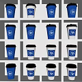 Blue and White Cups With Blue Logo Black Lids Neatly Arranged on White Grid Shelves