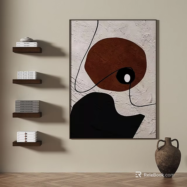 Minimalist Abstract Painting With Brown Circular Shape Black Irregular Form Light Background Black Lines And Wooden Shelves 3d model 