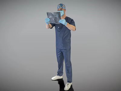 Male doctor wearing blue scrub suit surgical cap mask and gloves examining X-ray 3d model