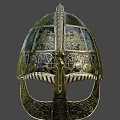 Ancient Ornate Helmet Featuring Intricate Metallic Patterns And Gold Decorative Details
