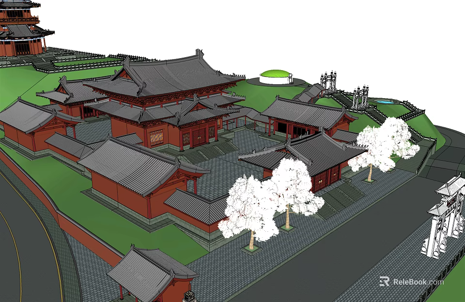 Traditional Ancient Chinese Architecture With Courtyard Red Walls And Gray Tiled Roofs 3d model 