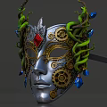 Game Movie Character's Silver Mask With Gears Green Snake Decorations Red And Blue Gemstones