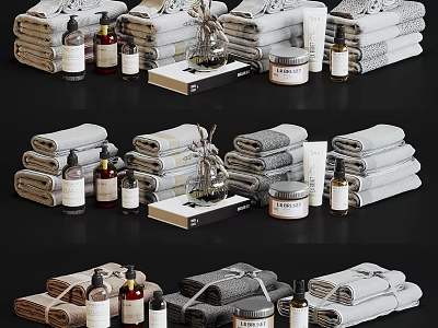 Stylish Bathroom Accessories Collection With Soft Towels Lotion Bottles And Decorative Jars 3d model