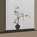 Gray Vase With Natural Branches And Flowers On Bright Windowsill Against White Blinds
