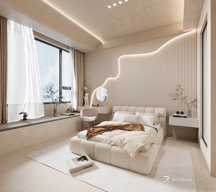 Modern Light Toned Bedroom With Large Bed Window White Curtains Green Plant And Dressing Table 3d model 