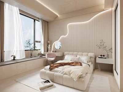 Modern Light Toned Bedroom With Large Bed Window White Curtains Green Plant And Dressing Table 3d model
