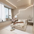 Modern Light Toned Bedroom With Large Bed Window White Curtains Green Plant And Dressing Table