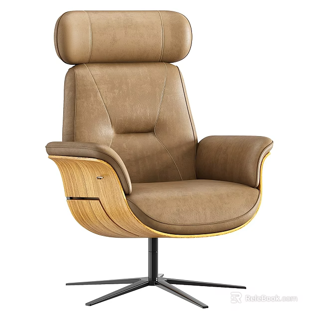 Stylish Brown Leather Armchair With Wooden Armrests High Backrest And Swivel Base 3d model 