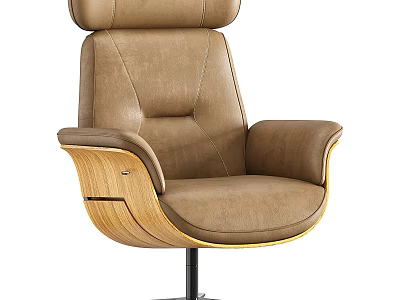 Stylish Brown Leather Armchair With Wooden Armrests High Backrest And Swivel Base 3d model