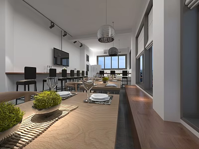 Modern Restaurant Interior With Open Layout Dining Tables Chairs Pendant Lights And Green Plants 3d model