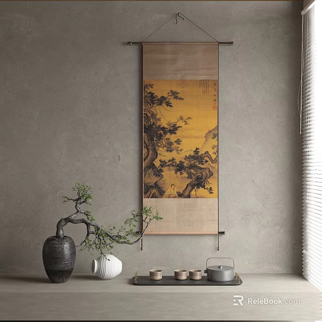 Chinese Style Interior With Scroll Painting Bonsai And Tea Set 3d model