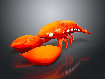 An orange lobster with large claws and white eyes on black background showing clear reflection 3d model