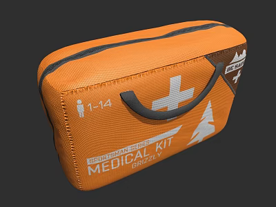 Orange Emergency Medical Kit Bag With Cross Symbol And Mountain Design For Outdoor Use 3d model