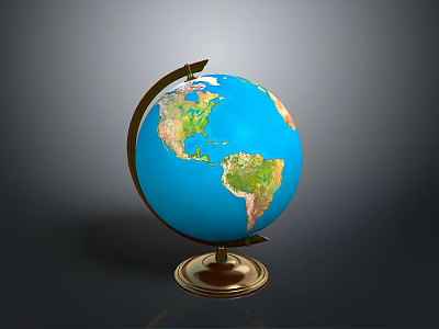 Blue World Globe With Brass Base And Rotating Metal Stand 3d model