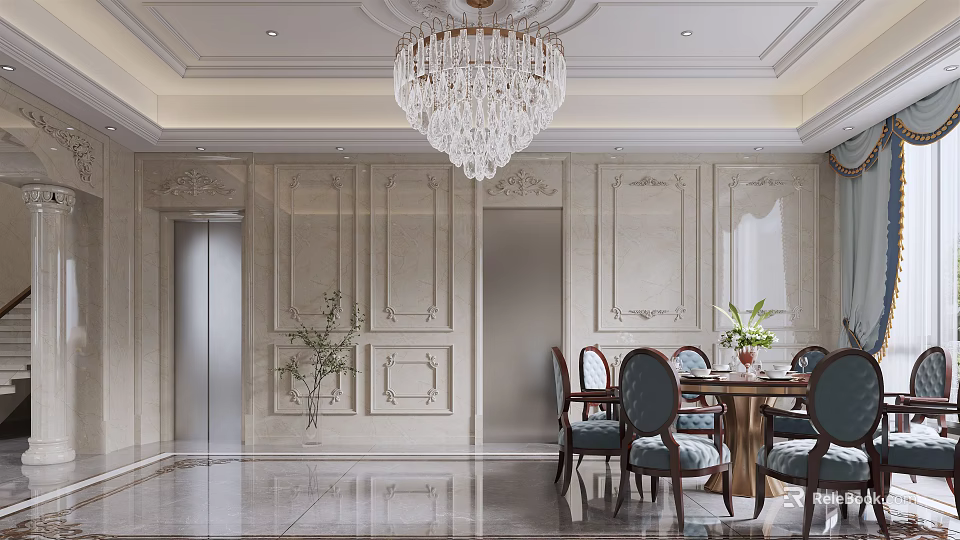 Luxurious Duplex Living Room With Crystal Chandelier Decorative Wall Panels And Dining Table 3d model 