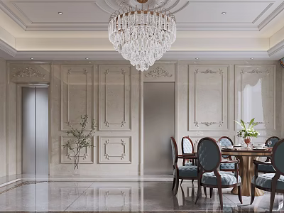 Luxurious Duplex Living Room With Crystal Chandelier Decorative Wall Panels And Dining Table 3d model