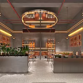 Yulaobiao Restaurant Interior Featuring Monkey Sculpture Orange Yellow Decor Open Counter And Seating Area