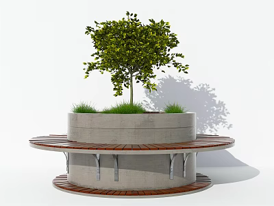 Circular Public Chair With Concrete Base And Wooden Seat Featuring Central Tree And Grass 3d model