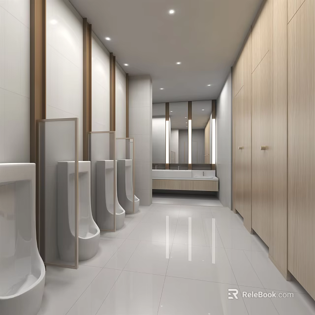 Public Toilet Interior With White Urinals Wooden Stalls White Tiles Recessed Lighting And Mirror 3d model 