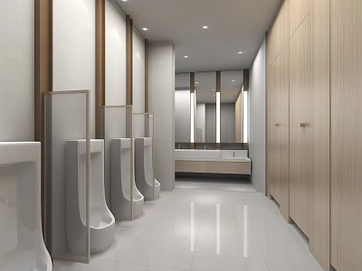 Public Toilet Interior With White Urinals Wooden Stalls White Tiles Recessed Lighting And Mirror 3d model
