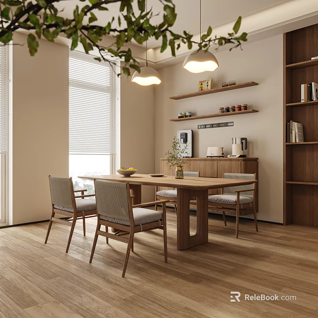Modern Minimalist Restaurant Interior With Wooden Dining Table Chairs Pendant Lights And Natural Light 3d model 