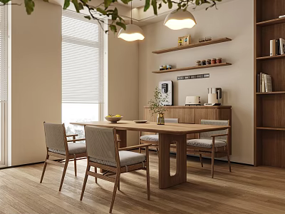 Modern Minimalist Restaurant Interior With Wooden Dining Table Chairs Pendant Lights And Natural Light 3d model