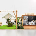 Modern Exhibition Booth Design With Wooden Frame White Canopy Green Plants And Display Area