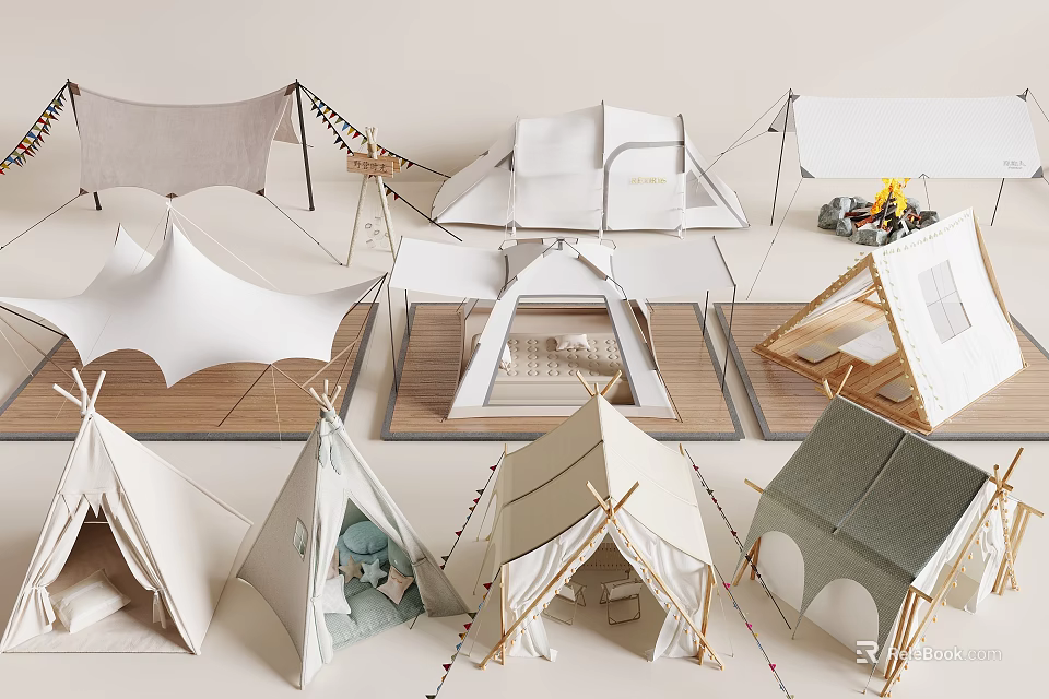 Various Stylish Canvas Tents For Outdoor Camping With Decorative Lights And Wooden Floors 3d model 