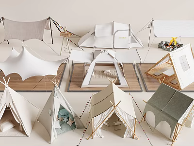 Various Stylish Canvas Tents For Outdoor Camping With Decorative Lights And Wooden Floors 3d model