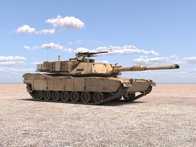 Sand Colored Military Tank With Cannon Tracks In Open Desert Blue Sky 3d model