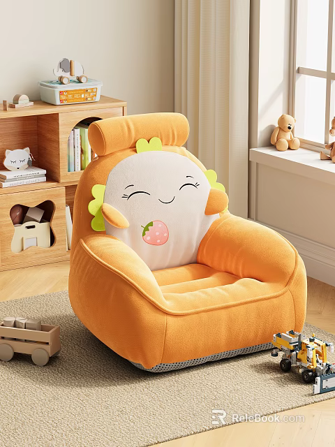 Orange Novelty Sofa With Cartoon Smiling Face And Strawberry Pattern For Kids Room Plush Material 3d model 