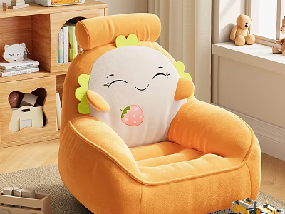 Orange Novelty Sofa With Cartoon Smiling Face And Strawberry Pattern For Kids Room Plush Material 3d model