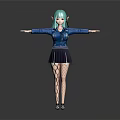 Anime Game Character With Green Hair Elf Ears Blue Jacket Black Pleated Skirt Fishnet Stockings