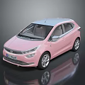 Pink Compact Hatchback With Silver Roof And Modern Exterior Design On Shiny Reflective Surface
