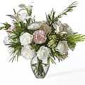 Elegant Floral Arrangement In Clear Glass Vase With White Roses Pink Blooms And Green Foliage