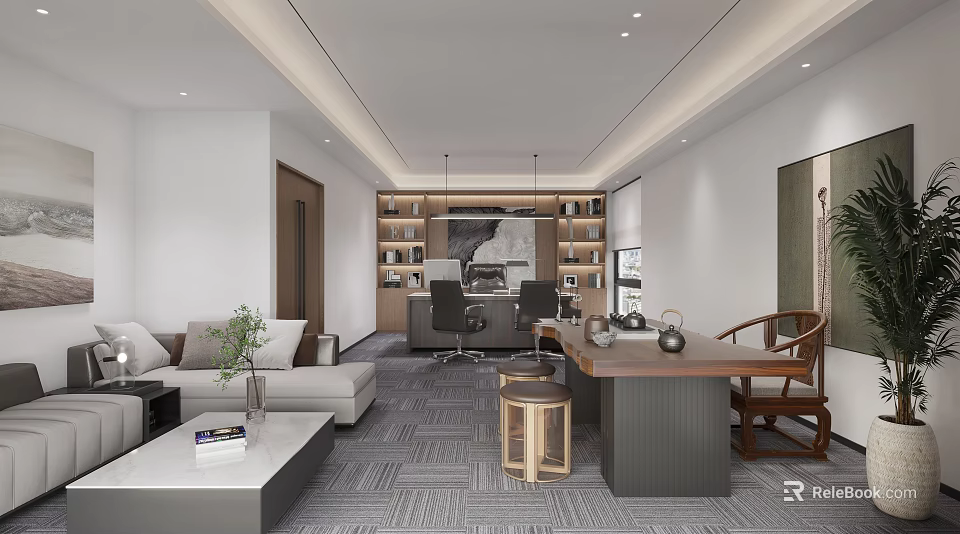 Modern Office Interior Design With Sofa Coffee Table And Wooden Desk 3d model