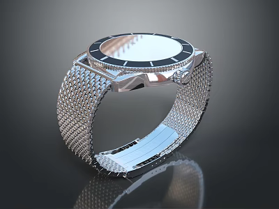 Stylish Stainless Steel Mesh Band Watch With Black Dial And Silver Case 3d model