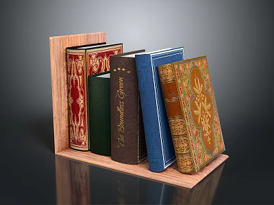 Stylish Wooden Bookshelf With Decorative Books In Colorful Covers And Patterns 3d model