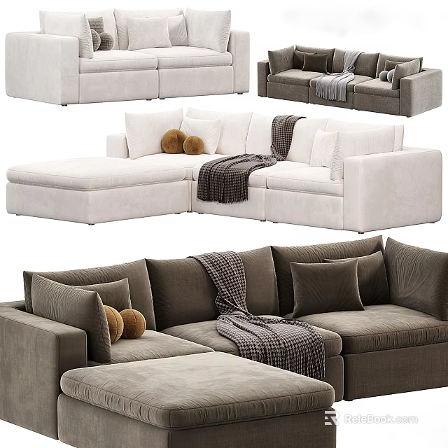 Contemporary Sofa Combination with Beige Round Pillows Gray Throw Blanket and Modular Sectional Design 3d model 