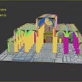 Cartoon Scene With Classical Arched Structure Decorative Columns And Blue Floor Pattern