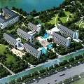 Aerial View Planning of Modern Building Complex with Waterbody Green Spaces and Trees Along Roads