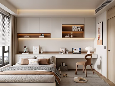 Modern Tatami Bedroom Interior Design With Bed Desk Chair And Wall Shelves 3d model
