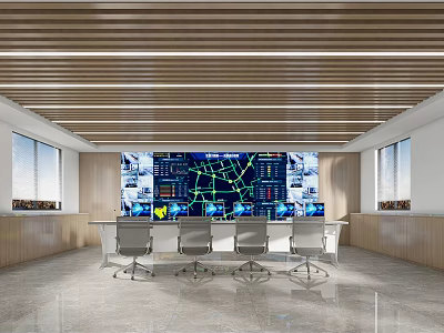 Modern Monitoring Room Interior With Large Display Screens Control Console And Office Chairs 3d model
