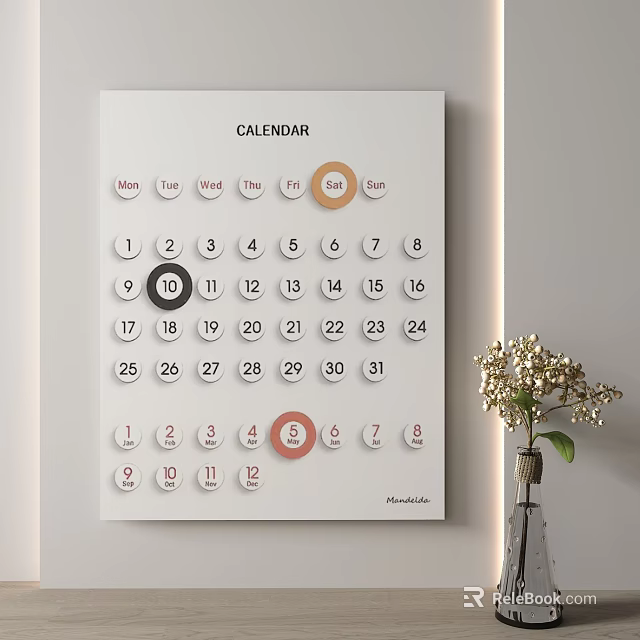 Modern Monthly Calendar On Wall With Circled Dates And Decorative Vase Of Fresh Flowers 3d model 