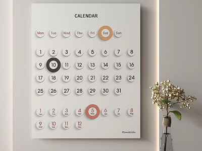 Modern Monthly Calendar On Wall With Circled Dates And Decorative Vase Of Fresh Flowers 3d model