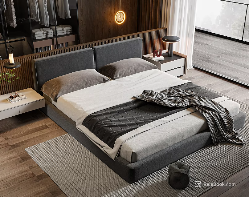 Modern Double Bed With Gray Headboard White Gray Bedding Blanket Table Lamp Wooden Wall Window 3d model